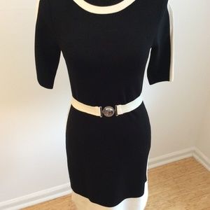 Black and white knit dress with belted waist
